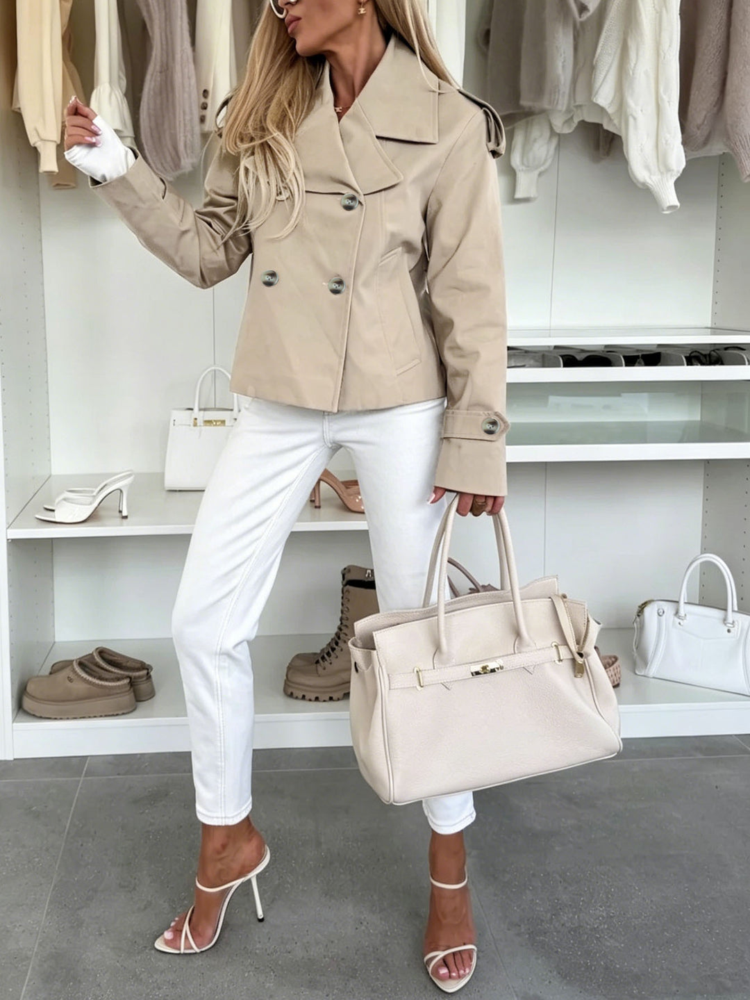 Damen Kurz geschnittener Doppelreihiger Trenchcoat mit Schulterklappen Nord Taschen