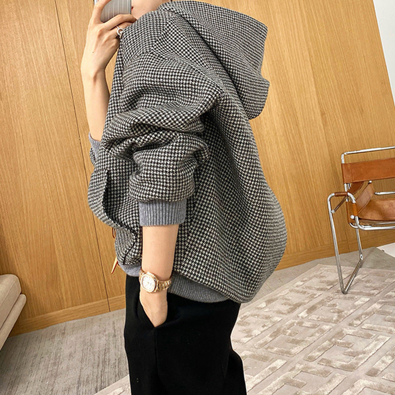 Damen Oversized Sweatjacke mit Kapuze und modernem Houndstooth-Muster Nord Taschen
