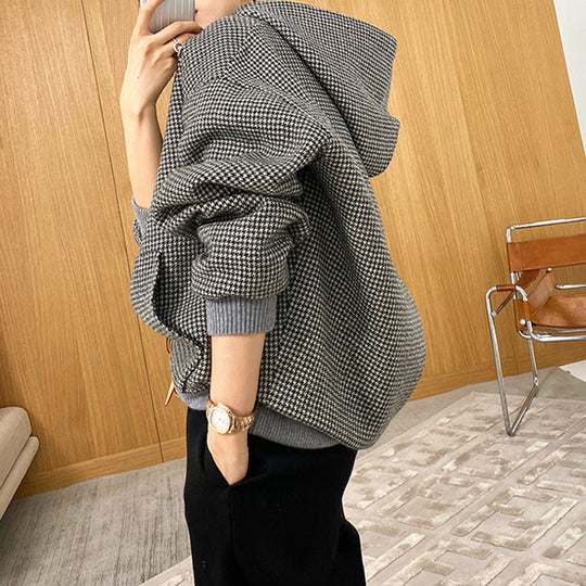 Damen Oversized Sweatjacke mit Kapuze und modernem Houndstooth-Muster Nord Taschen