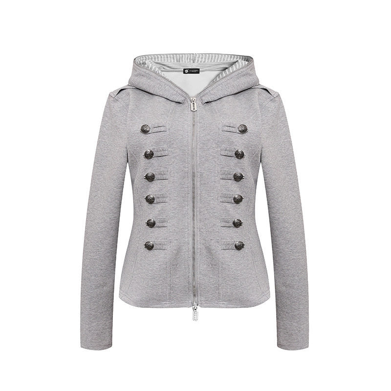 Damen taillierte Kapuzen‑Sweatjacke mit dekorischer Doppelreihe und Metallknöpfen Nord Taschen