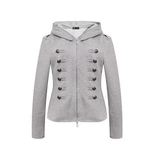 Damen taillierte Kapuzen‑Sweatjacke mit dekorischer Doppelreihe und Metallknöpfen Nord Taschen