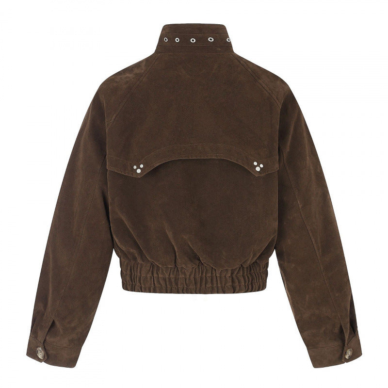 Damen Kurz geschnittene Wildleder‑Bomberjacke mit hohem Stehkragen, Metall‑Applikationen und elastischem Taillenbund Nord Taschen
