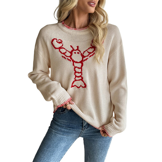Damen Oversize-Feinstrickpullover mit Krebs-Jacquard, Rundhals und gerippten Abschlüssen Nord Taschen