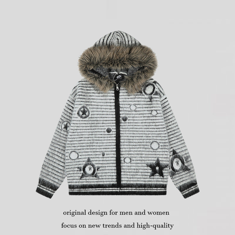 Damen Kapuzen-Strickjacke mit Fellbesatz, gestreifter Mohair‑Optik und Sternapplikationen Nord Taschen
