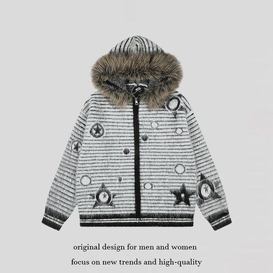 Damen Kapuzen-Strickjacke mit Fellbesatz, gestreifter Mohair‑Optik und Sternapplikationen Nord Taschen