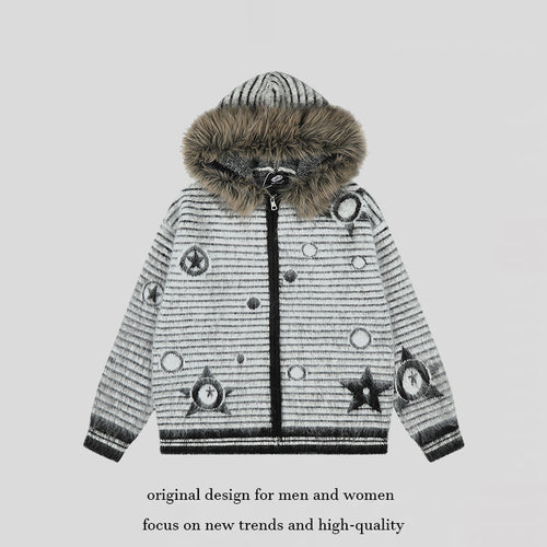 Damen Kapuzen-Strickjacke mit Fellbesatz, gestreifter Mohair‑Optik und Sternapplikationen Nord Taschen
