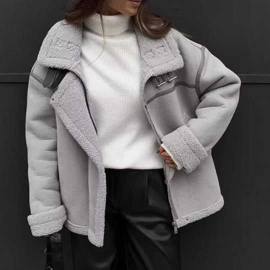 Damen Weit geschnittene Lammfellimitat-Fliegerjacke mit Kunstfellfutter Nord Taschen