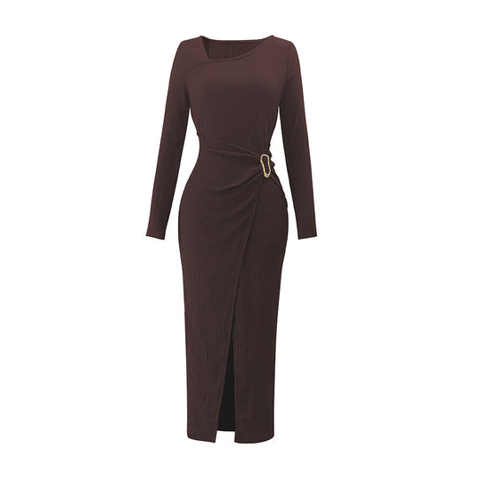 Damen asymmetrisches Wickel-Midikleid mit Ziergürtel, Drapierung und hohem Beinschlitz Nord Taschen