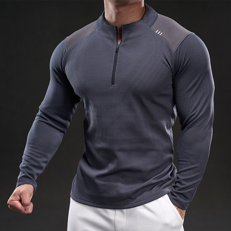 Herren Slim-Fit Sportliches Langarm-Trainingsshirt mit Halb-Reißverschluss und Strukturgewebe Nord Taschen