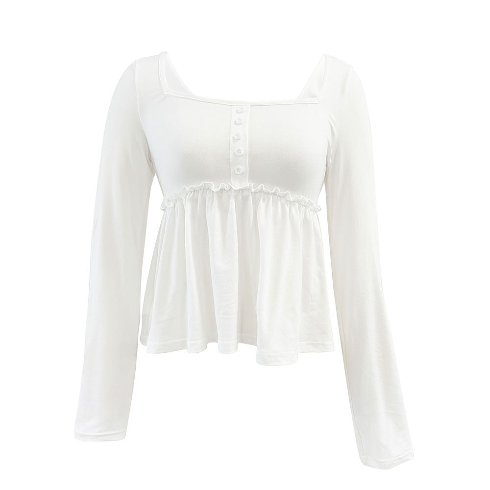 Damen gerafftes Peplum-Longsleeve mit quadratischem Ausschnitt und zierlicher Knopfleiste Nord Taschen