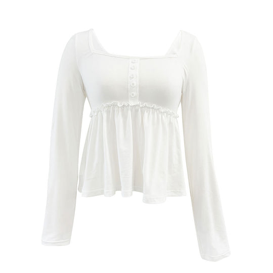 Damen gerafftes Peplum-Longsleeve mit quadratischem Ausschnitt und zierlicher Knopfleiste Nord Taschen