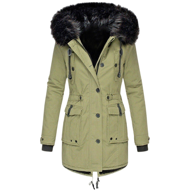 Damen Gefütterter Parka mit Kapuze und abnehmbarem Kunstpelzbesatz, taillierter Wintermantel Nord Taschen