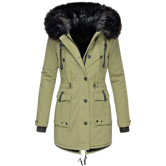 Damen Gefütterter Parka mit Kapuze und abnehmbarem Kunstpelzbesatz, taillierter Wintermantel Nord Taschen