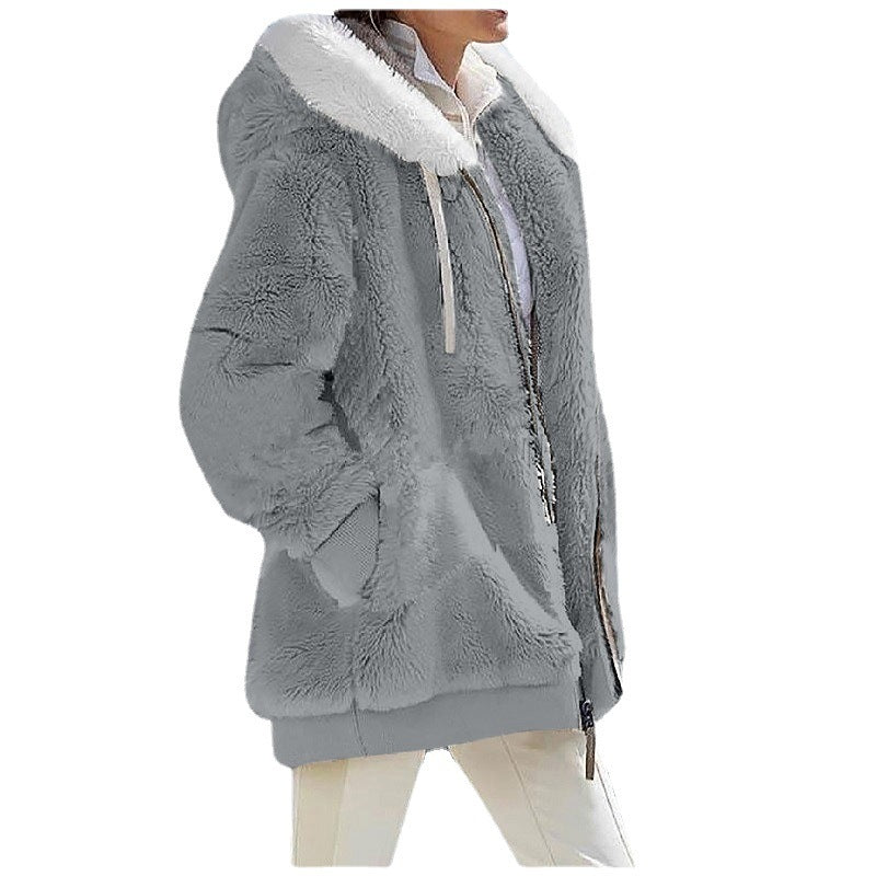 Damen Kuschelige Teddy-Kapuzenjacke mit Kontrastbesatz, Reißverschluss und Eingrifftaschen Nord Taschen