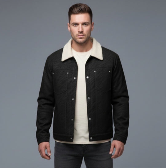 Herren Lässige Sherpa-gefütterte Truckerjacke mit Kunstfellkragen Nord Taschen
