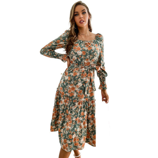 Damen Blumenkleid mit Tendervollfalten und runder Ausschnitt Nord Taschen