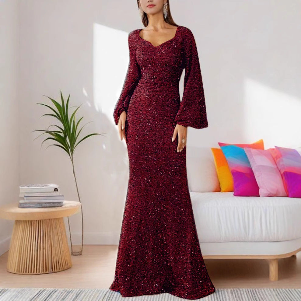Damen Glamouröses Glitzer-Abendkleid mit schwingendem Rock und voluminösen Ärmeln