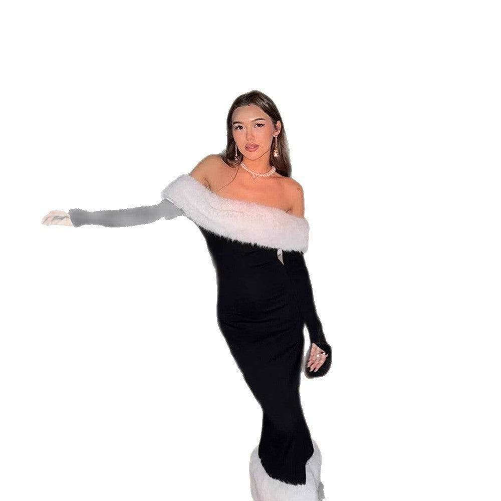 Damen figurbetontes Off-Shoulder-Midikleid mit Kunstpelzbesatz an Ausschnitt und Saum Nord Taschen