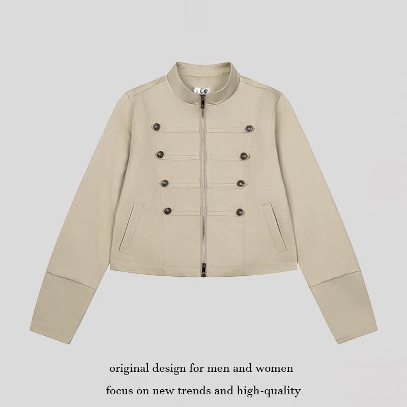 Damen kurze taillierte Militärjacke mit Stehkragen, Zierknopfreihen und Zwei‑Wege‑Reißverschluss Nord Taschen