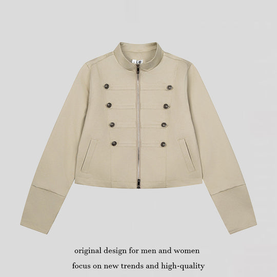 Damen kurze taillierte Militärjacke mit Stehkragen, Zierknopfreihen und Zwei‑Wege‑Reißverschluss Nord Taschen