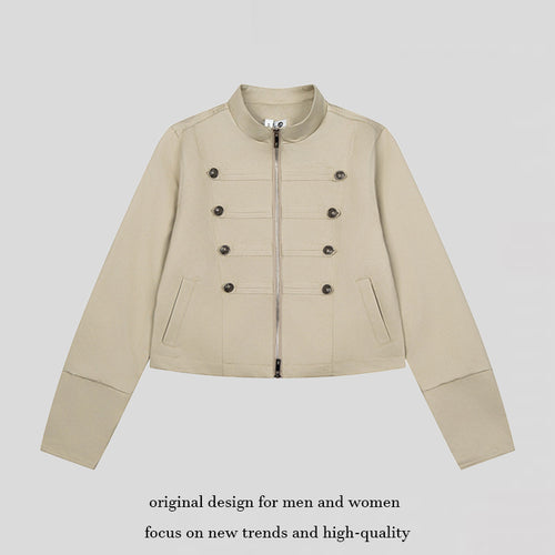Damen kurze taillierte Militärjacke mit Stehkragen, Zierknopfreihen und Zwei‑Wege‑Reißverschluss Nord Taschen