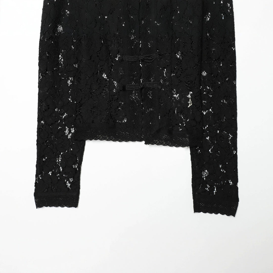Damen Transparente Spitzenjacke im chinesischen Stil mit Stehkragen und Knotenverschlüssen Nord Taschen