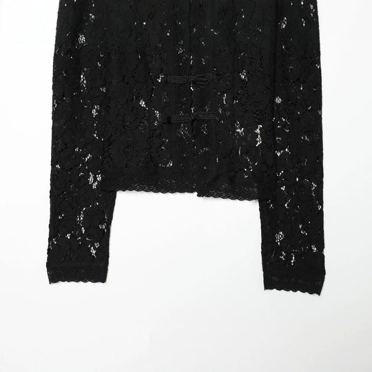 Damen Transparente Spitzenjacke im chinesischen Stil mit Stehkragen und Knotenverschlüssen Nord Taschen