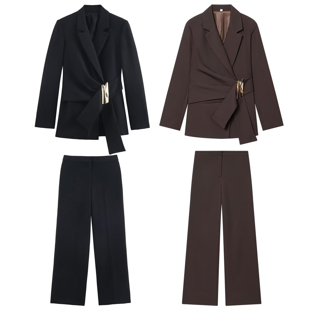 Damen Zweiteiliges Wickelblazer- und Palazzo-Anzugset mit Ziergürtel Nord Taschen