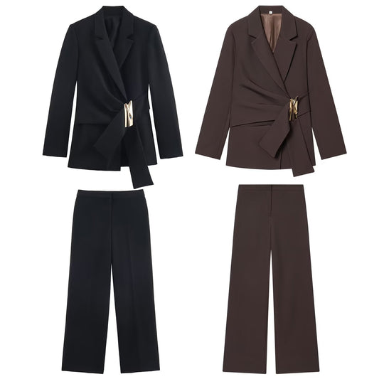 Damen Zweiteiliges Wickelblazer- und Palazzo-Anzugset mit Ziergürtel Nord Taschen