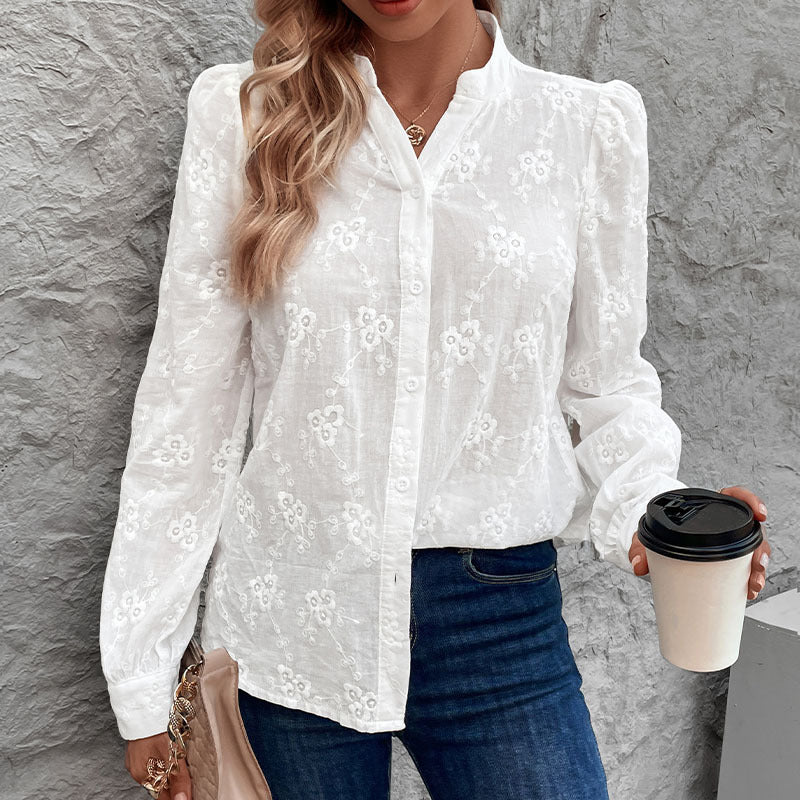 Damen Leichte bestickte Voile-Bluse mit Stehkragen und durchgehender Knopfleiste Nord Taschen