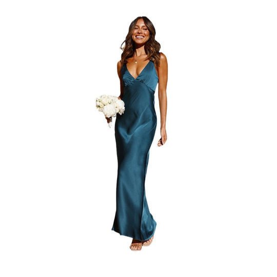 Damen Satin Maxikleid mit eleganter V-Form und fließendem Schnitt