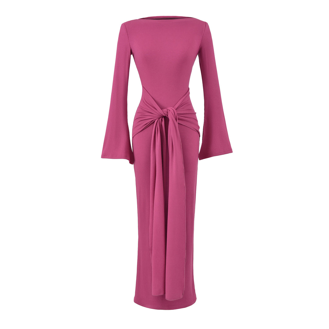 Damen Maxikleid aus Rippstrick mit Trompetenärmeln und Taillen-Knotendetail Nord Taschen