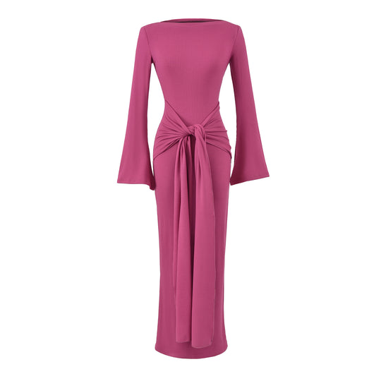 Damen Maxikleid aus Rippstrick mit Trompetenärmeln und Taillen-Knotendetail Nord Taschen