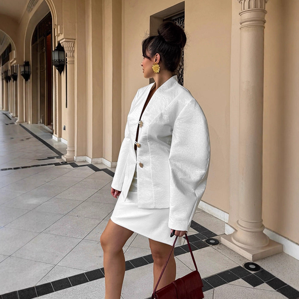 Damen Tailliertes Blazer‑Kostüm mit skulpturalen Ballonärmeln und Minirock Nord Taschen
