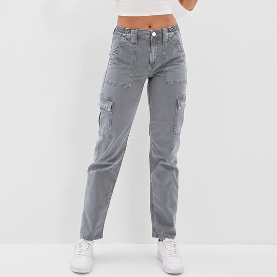 Damen Hochtaillierte Cargohose aus Denim mit geradem Bein und Mehrfachtaschen Nord Taschen
