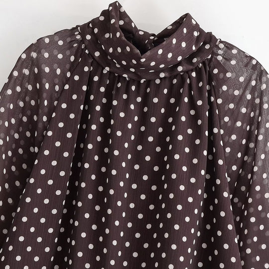 Damen Transparente gepunktete Chiffonbluse mit Schleifenkragen und Ballonärmeln Nord Taschen