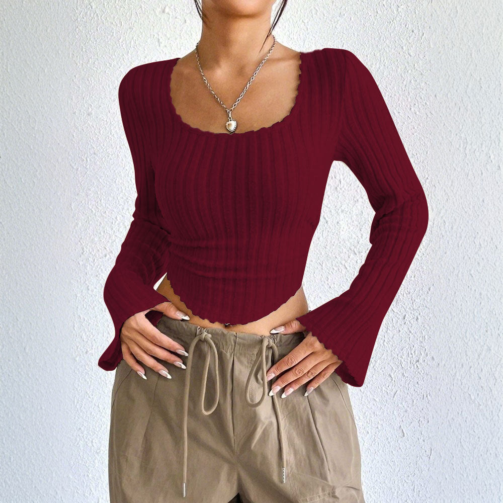 Damen geripptes Crop-Top mit quadratischem Ausschnitt, gewelltem Saum und ausgestellten Ärmeln Nord Taschen