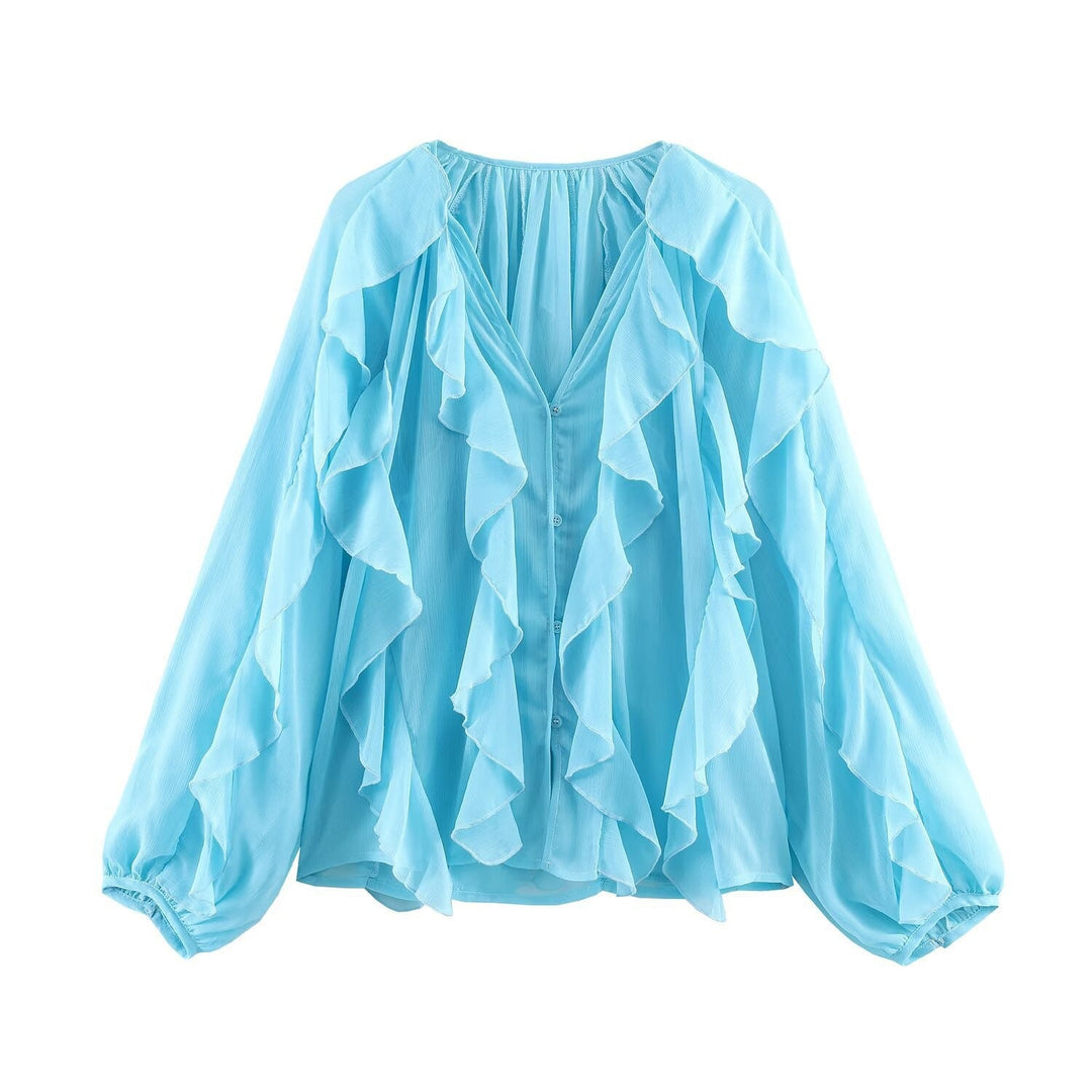Damen Rüschenbluse mit weitem Schnitt und ballonartigen Ärmeln