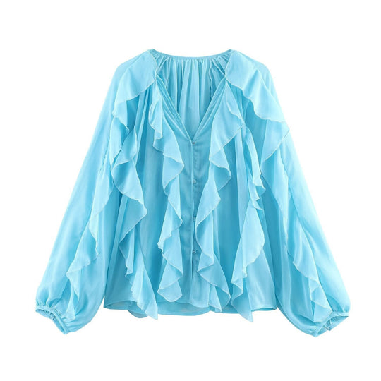 Damen Rüschenbluse mit weitem Schnitt und ballonartigen Ärmeln