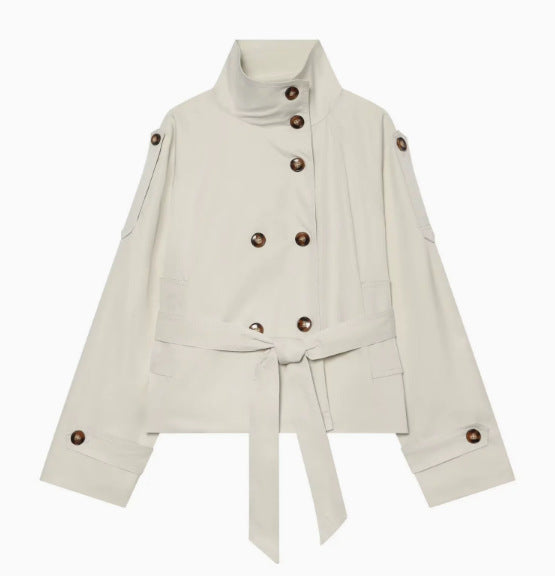 Damen 10+ Cropped Doppelreihige Kurzjacke mit Stehkragen und Taillengürtel Nord Taschen