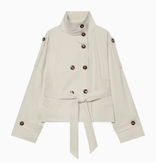 Damen 10+ Cropped Doppelreihige Kurzjacke mit Stehkragen und Taillengürtel Nord Taschen