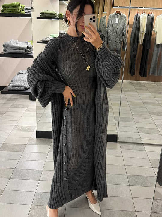 Damen Langes geripptes Strickkleid mit passendem Maxicardigan, Seitentasten und voluminösen Ballonärmeln Nord Taschen