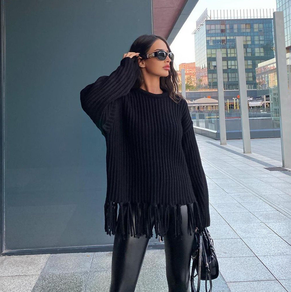 Damen lässiger Rippstrick-Pullover mit Fransen-Saum und Oversize-Silhouette Nord Taschen
