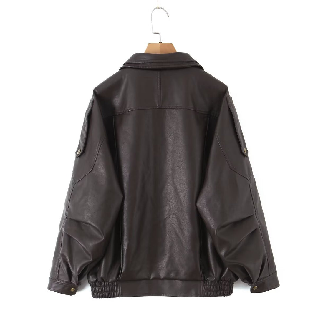 Damen Oversize-Lederimitat-Bomberjacke mit asymmetrischem Reißverschluss und Taillenband Nord Taschen