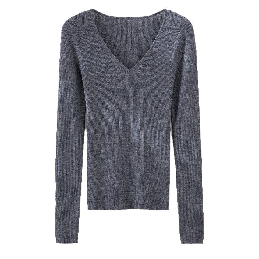 Damen Feiner gerippter Feinstrickpullover mit V-Ausschnitt und taillierter Silhouette Nord Taschen