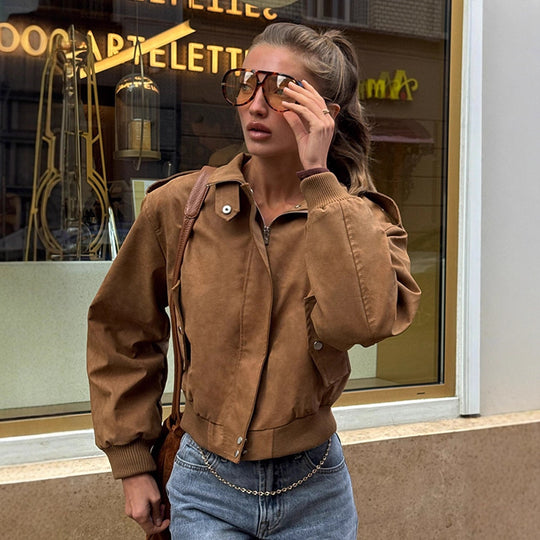 Damen Kurz geschnittene Bomberjacke aus Velourslederoptik mit Rippbündchen Nord Taschen