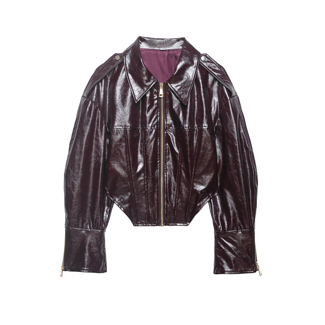 Damen Cropped Lackleder-Optik Bikerjacke mit Oversize-Ärmeln, Schulterklappen und durchgehendem Frontzip Nord Taschen