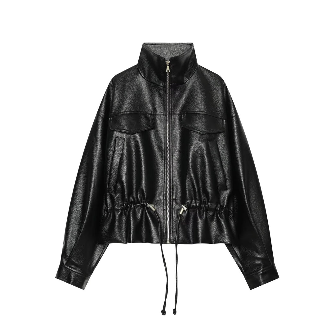 Damen Cropped Kunstlederblouson mit hohem Stehkragen, Pattentaschen und Tunnelzug Nord Taschen