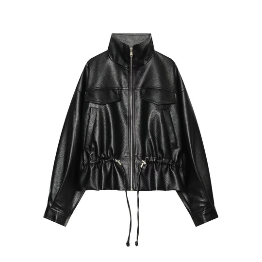 Damen Cropped Kunstlederblouson mit hohem Stehkragen, Pattentaschen und Tunnelzug Nord Taschen