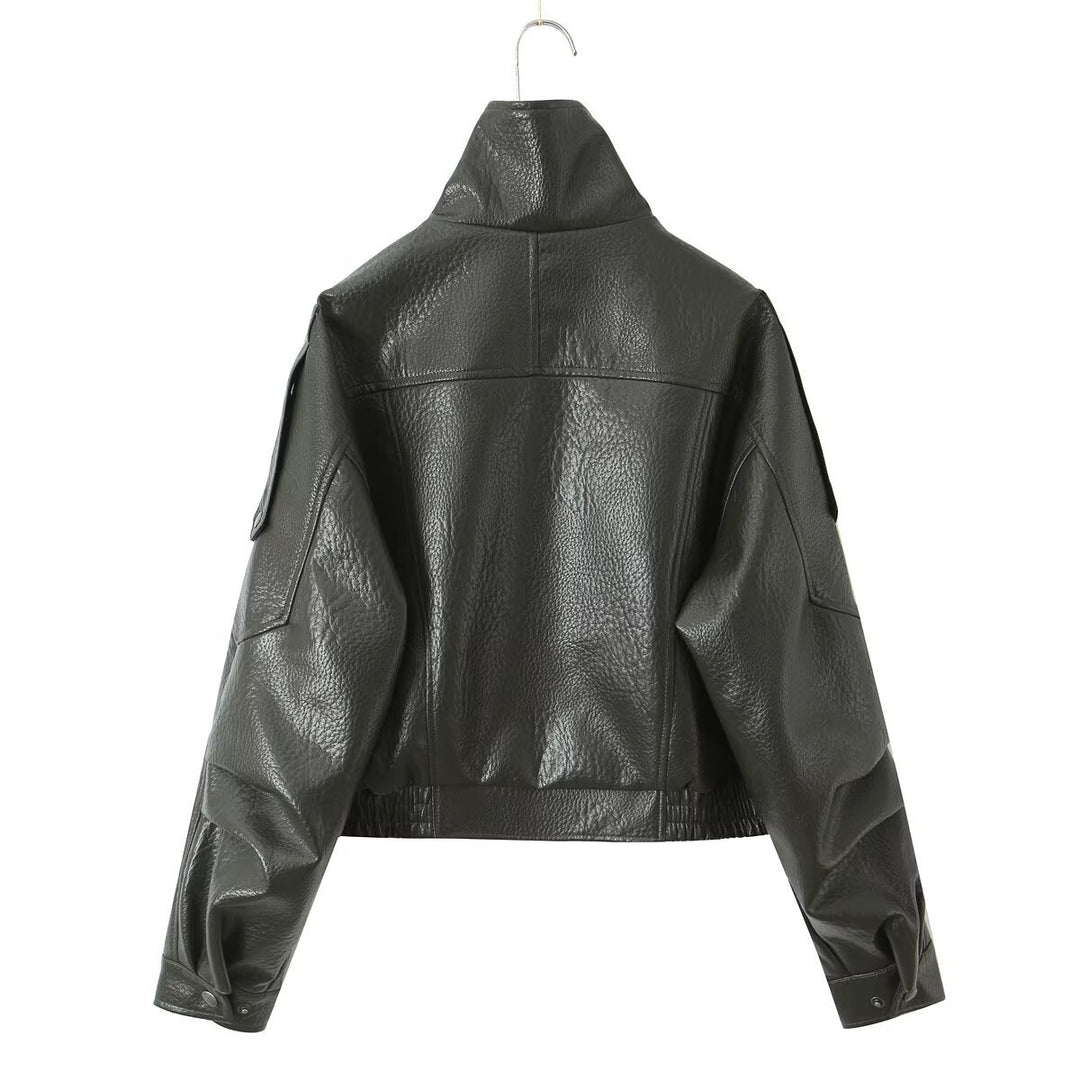 Damen Cropped Bikerblouson aus veganer Lederoptik mit asymmetrischer Frontpatte und Taillenbund Nord Taschen